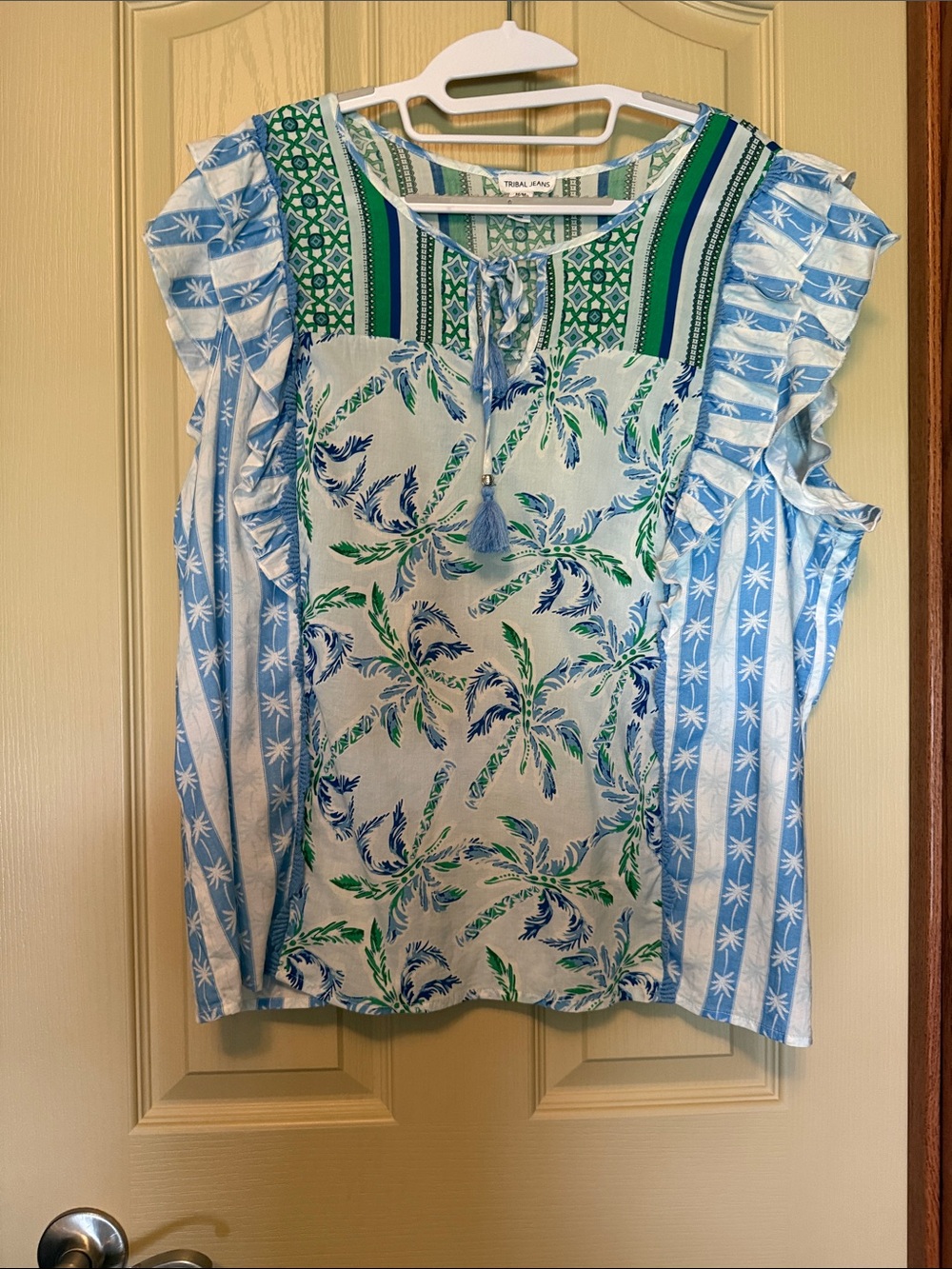 Tribal Blue & Green Palm-Print Ruffle Sleeve Blouse